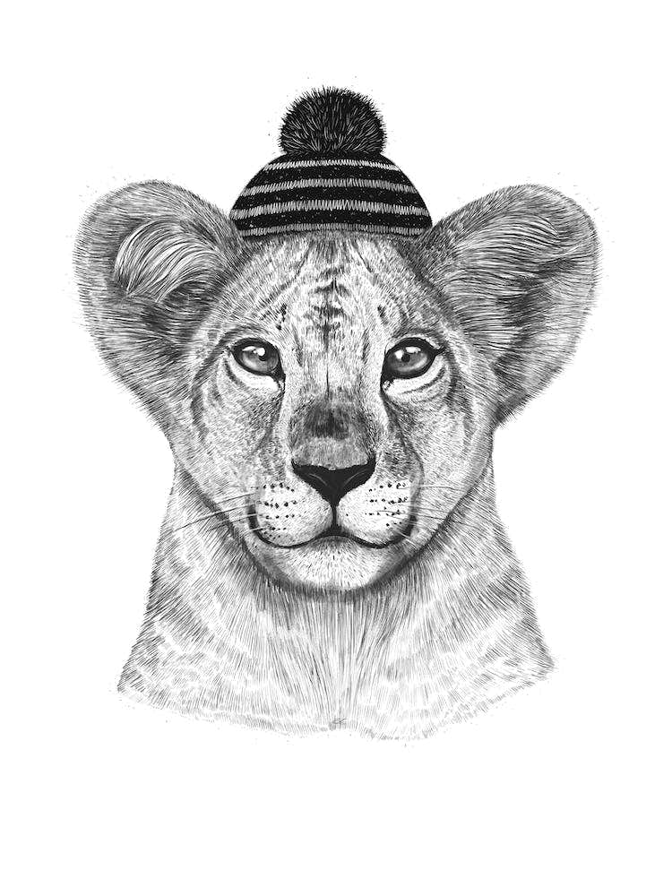 Kid Lion In Winter Hat