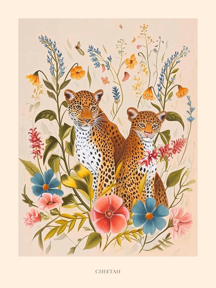Folksy Floral Animal Drawing Cheetah 4 Poster