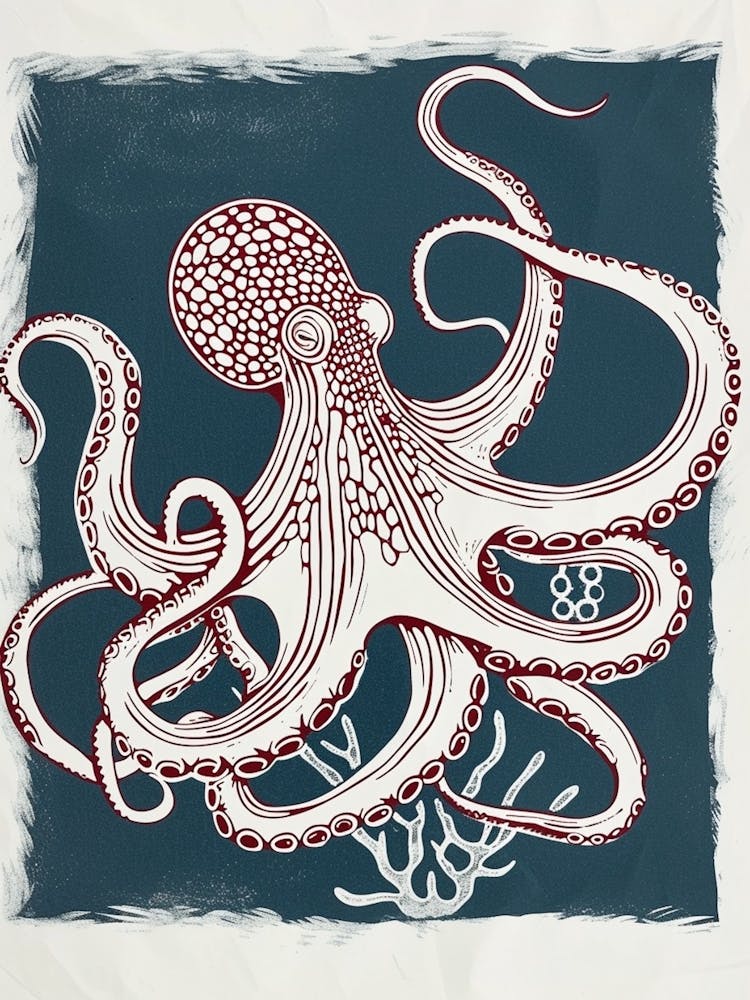 Retro Linocut Octopus With Blue Background 1
