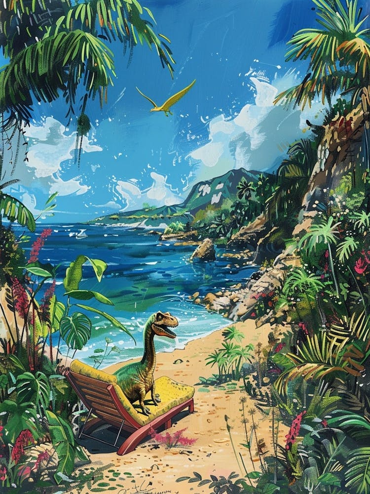 Dinosaur On A Sun Lounger On The Beach 3