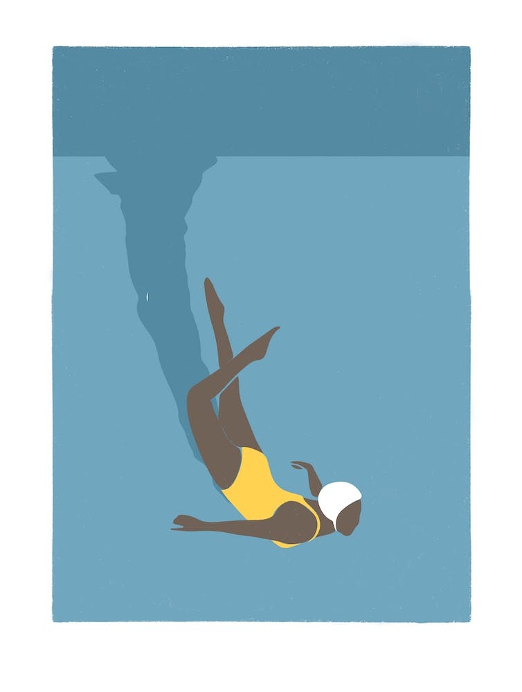 Art deco style Woman in bikini splash in blues