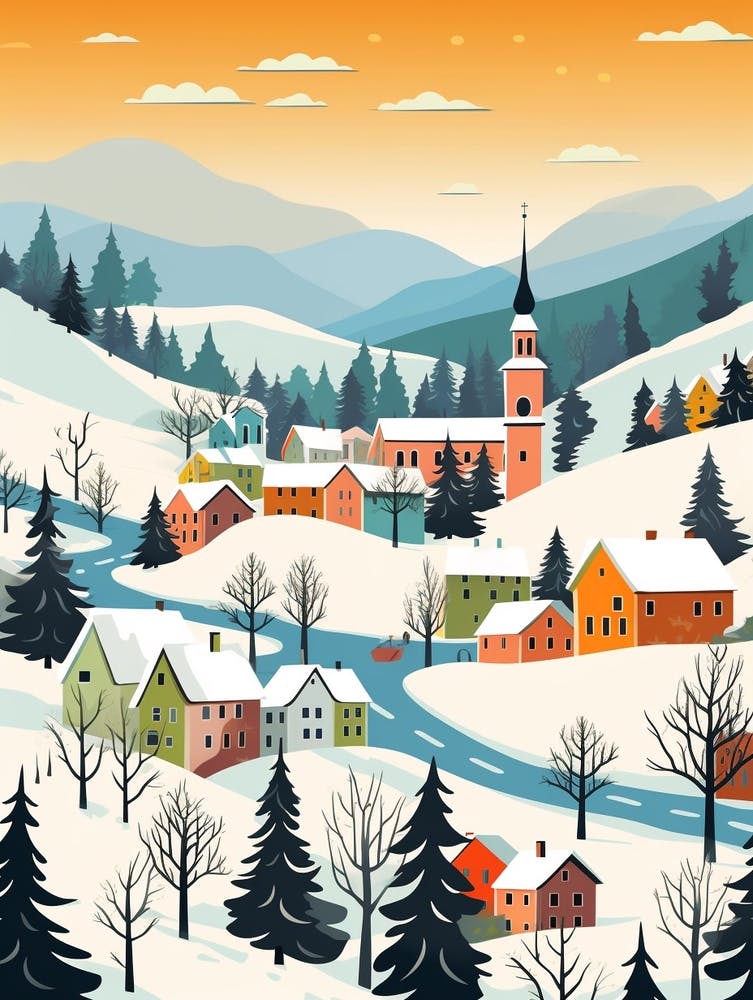Retro Winter Illustration Cesky Krumloy Czech Republic 1