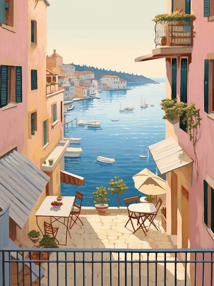 Rovinj Croatia 3 Vintage Pink Travel Illustration