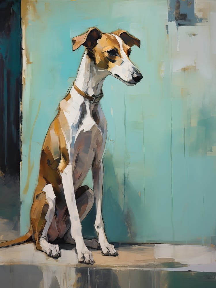 Whippet Hund, Gemälde in hellem Petrol und Braun 1