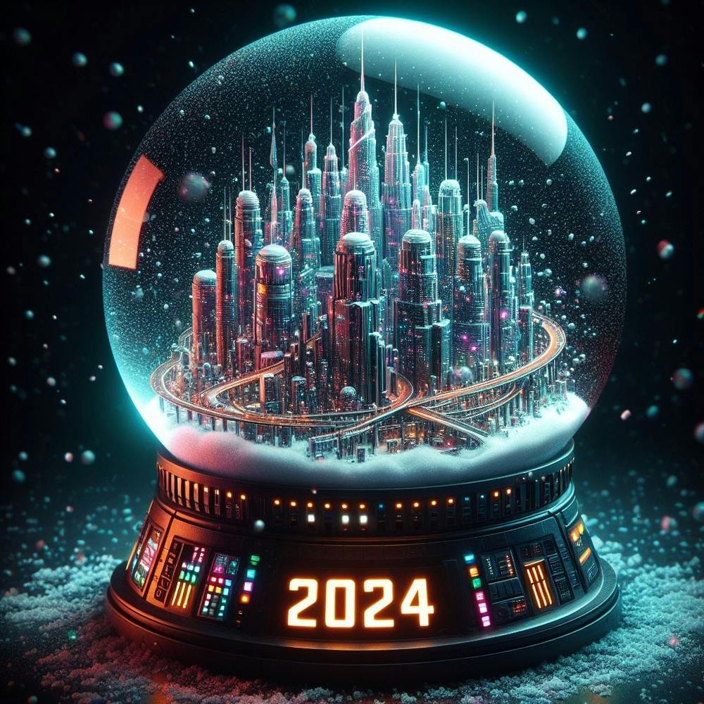 A futuristic snow globe of 2024