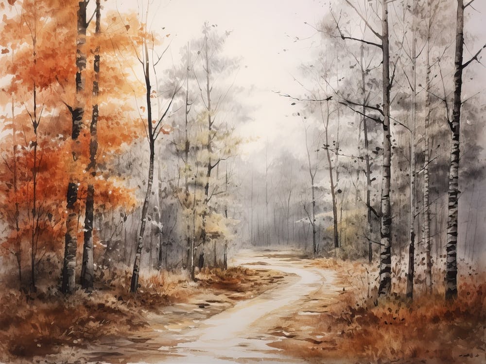 A Painting Of Country Road Through Woods In Autumn 67