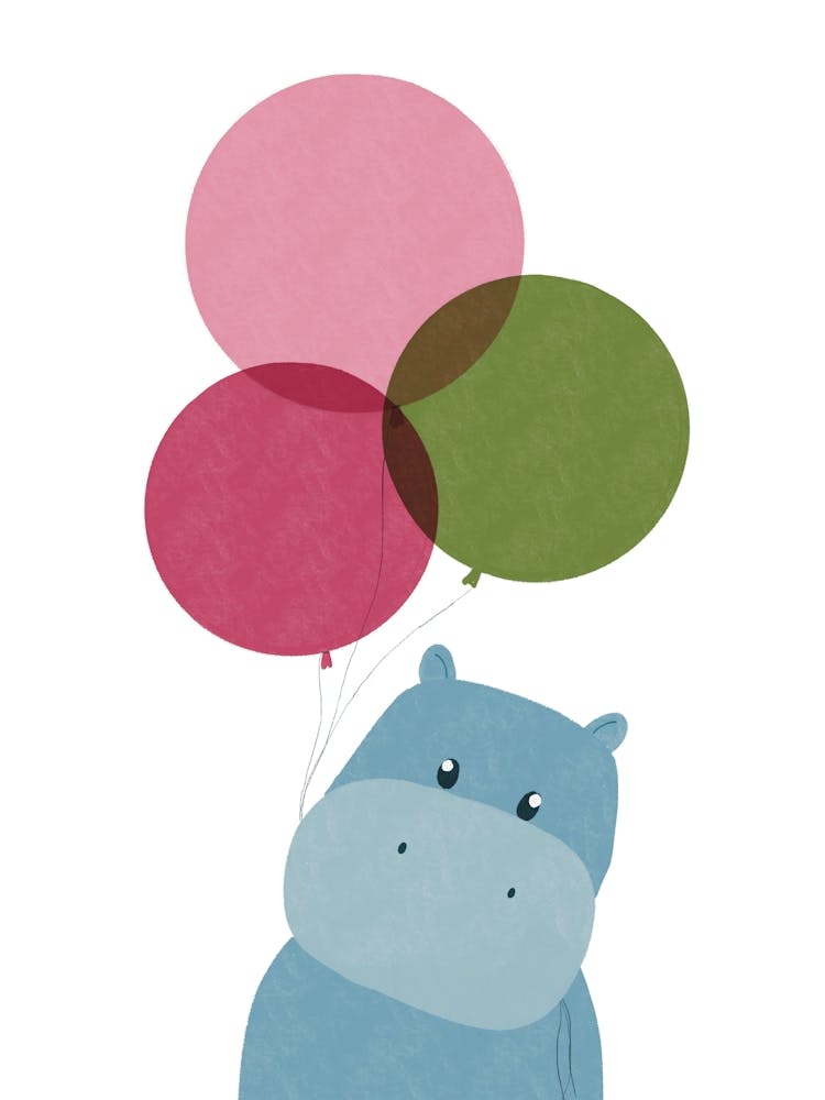 Hippo With Pink and Green Balloons Nursery