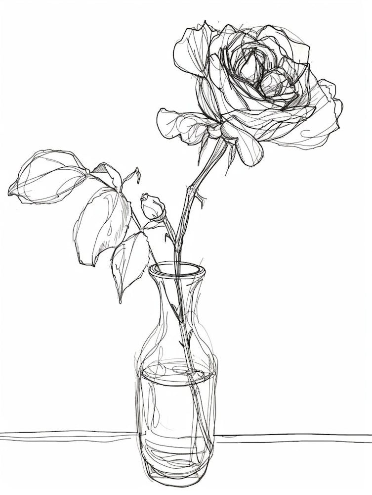 English Rose In A Vase Line Drawing 2