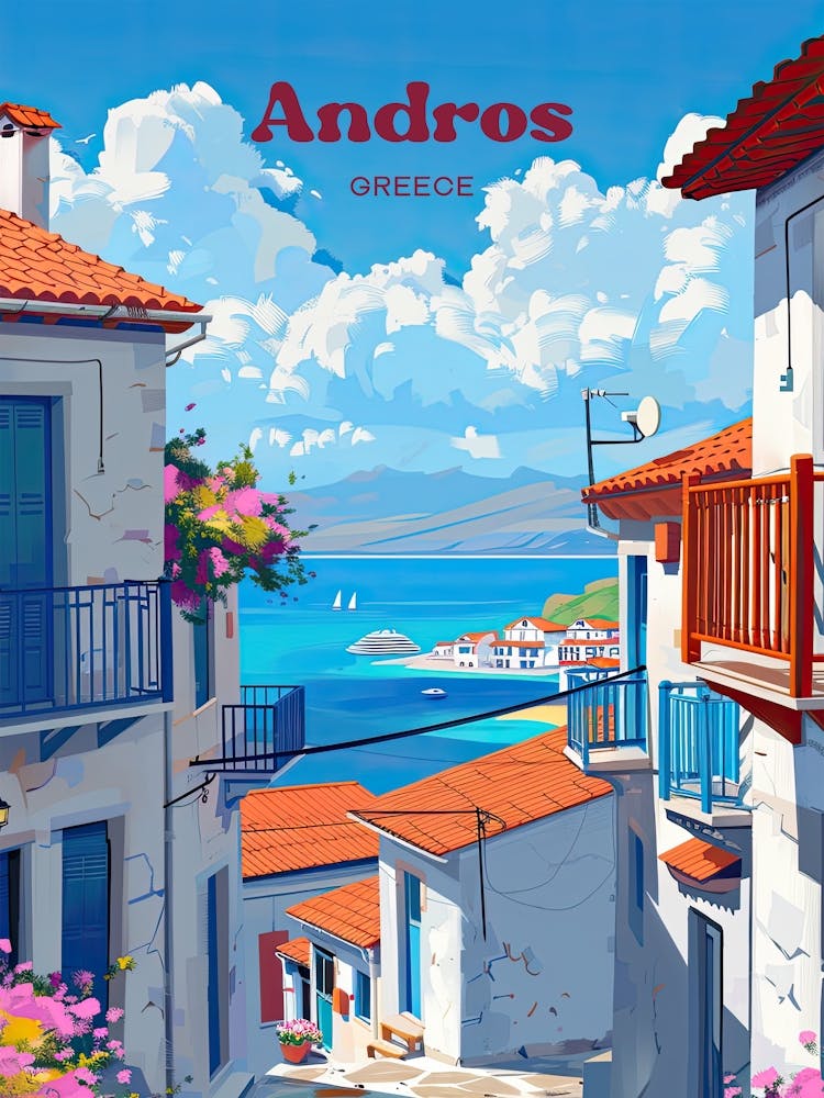 Andros Greece Vibrant Digital Travel Art