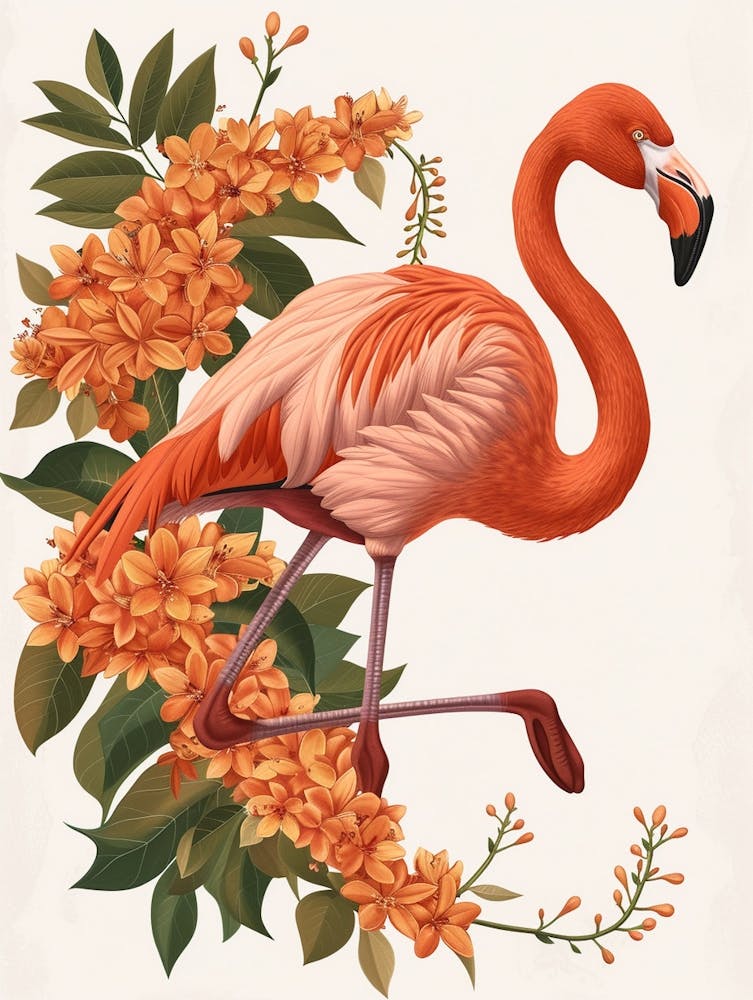 American Flamingo And Bougainvillea Minimalist Illustration 4