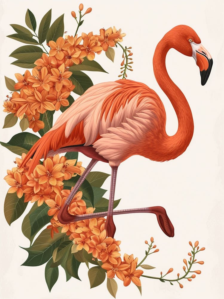 American Flamingo And Bougainvillea Minimalist Illustration 4