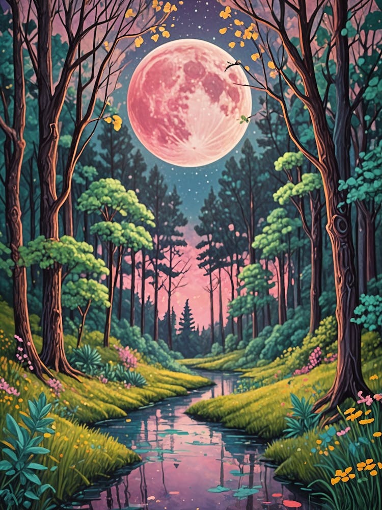 Pink Full Moon In The Forest