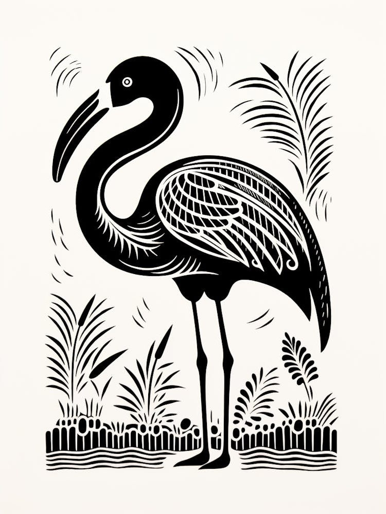 B&W Bird Linocut Flamingo 2