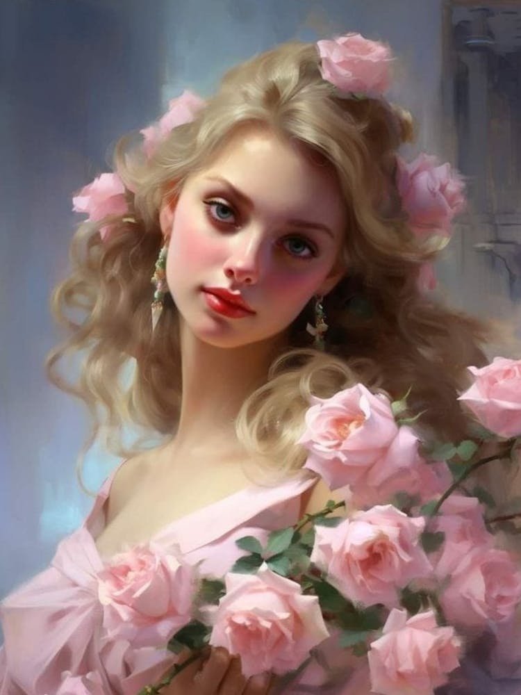 Beautiful Girl With Pink Roses