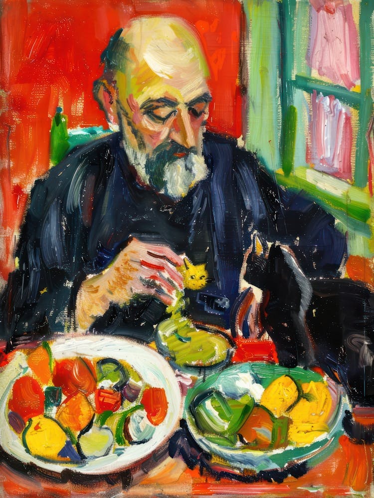 Portrait Of A Man With Cats Eating A Salad  2