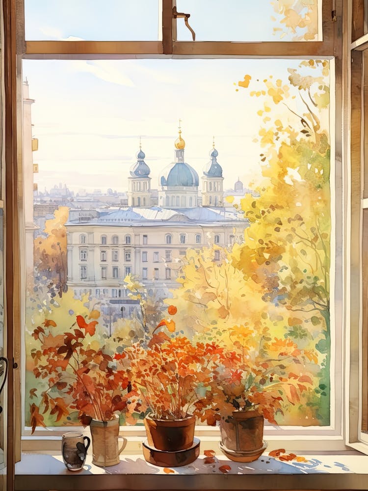 Window View Of Kiev Ukraine In Autumn Fall, Watercolour 1