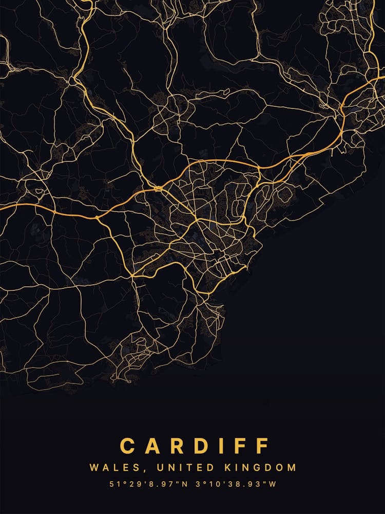 Cardiff Wales Black And Gold Map
