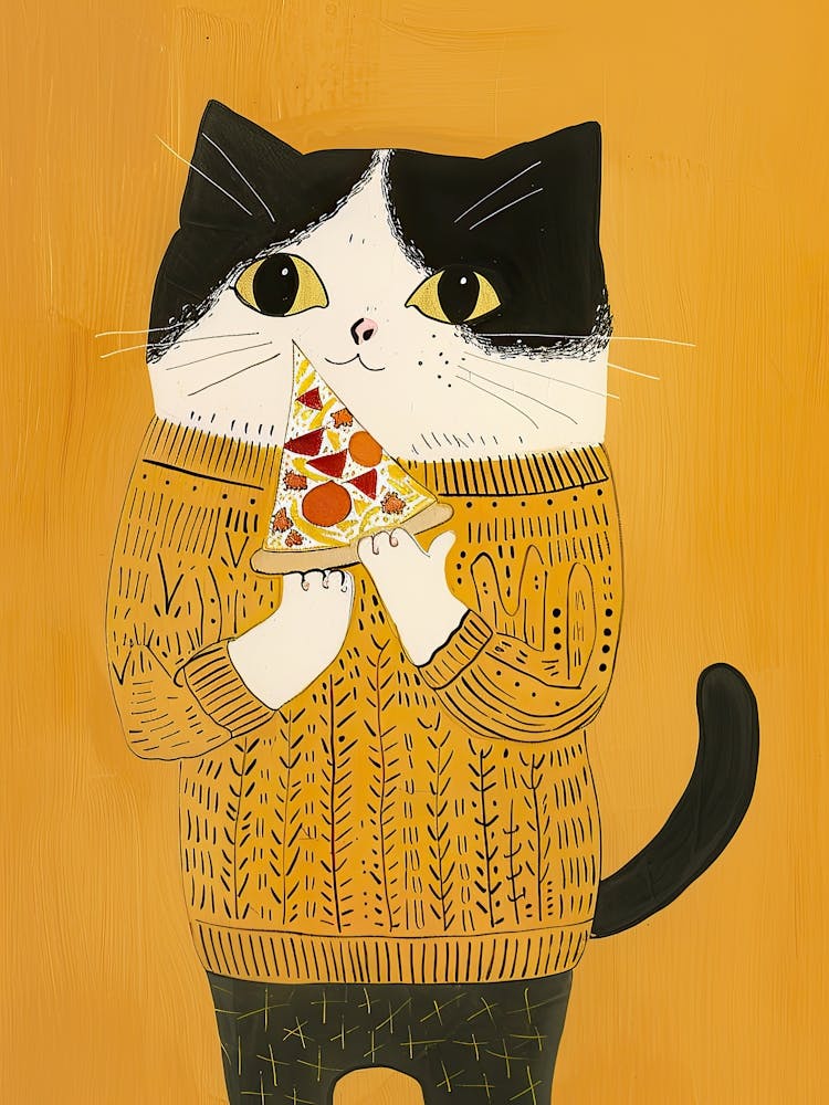 Happy Black And White Cat Eating Pizza Folk Illustration 1