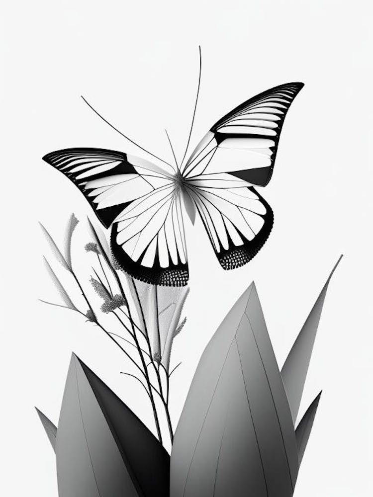 Butterfly In Garden Black & White Geometric 1