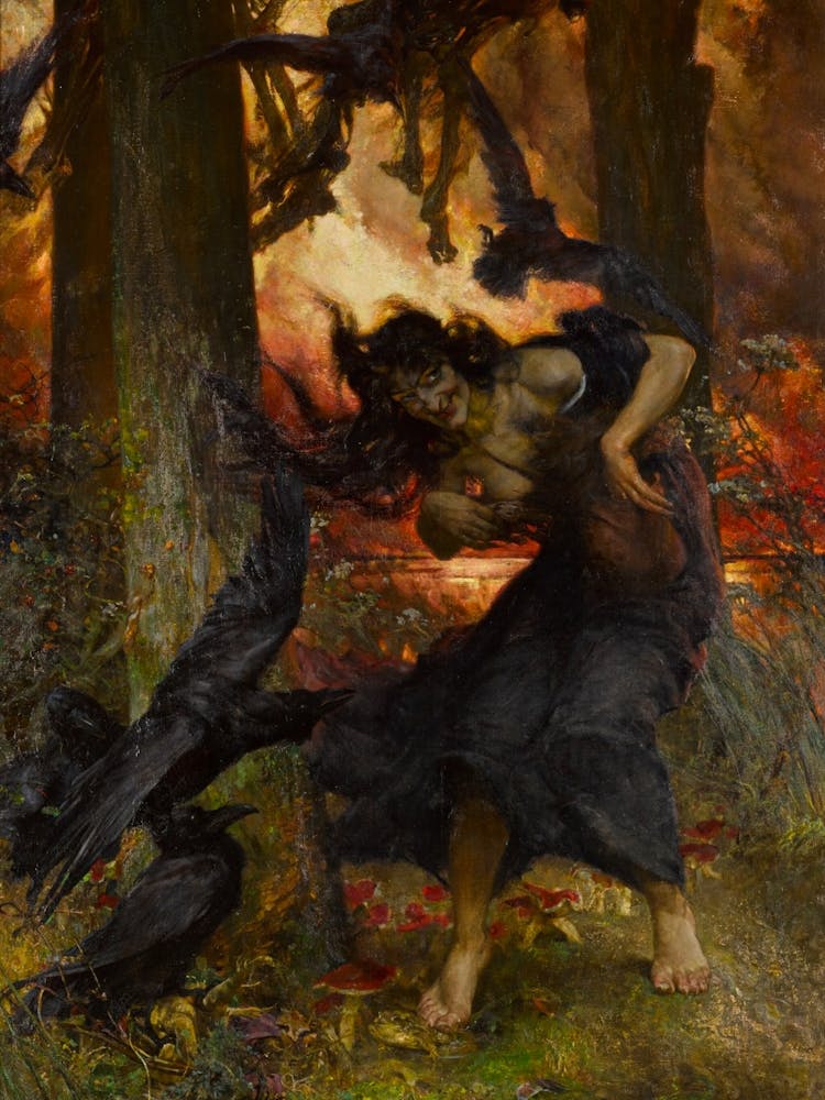 Edgar Bundy "A Witch" 1896 Antique Painting With Ravens | Oil on Panel HD