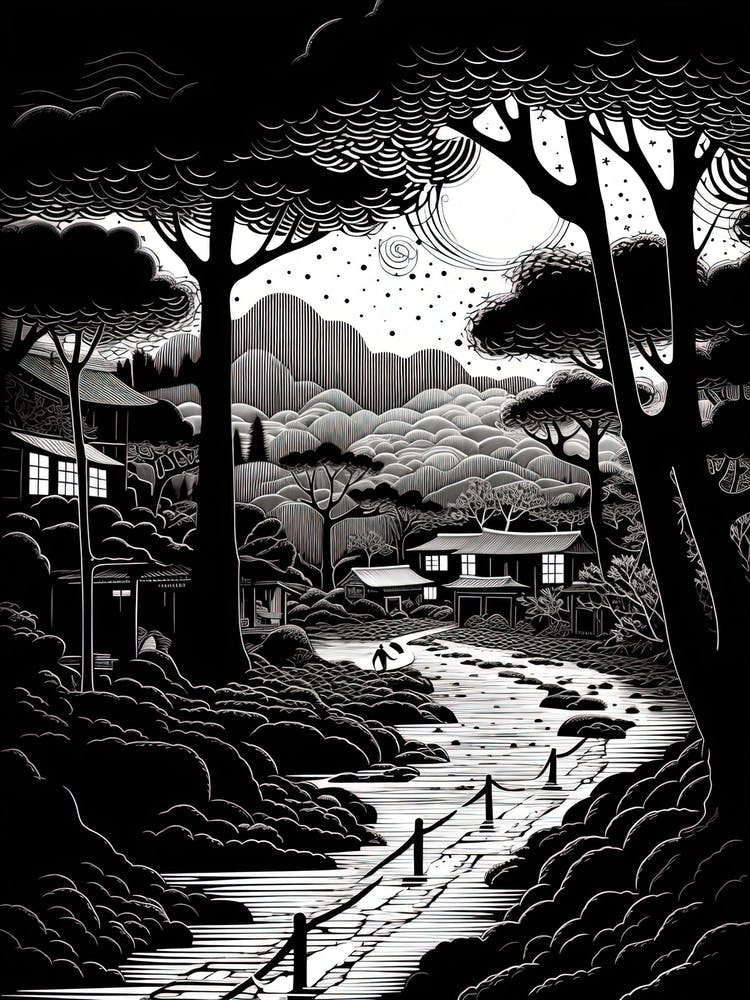 Koya San In Wakayama, Ukiyo E Black And White Line Art Drawing 3