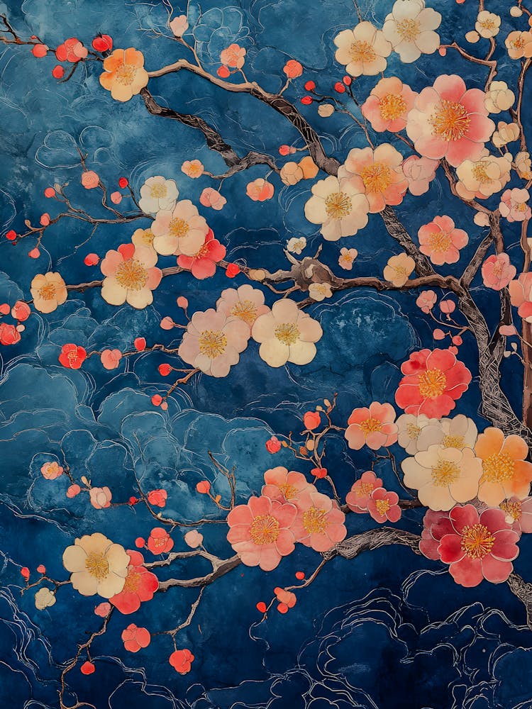 Elegant Japanese Koi Fish Illustration with Vibrant Botanical Accents