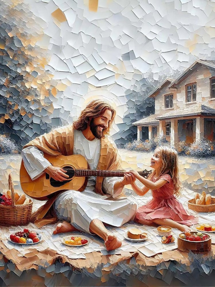 A Picnic Together, Christian Art, Jesus And Girl Art, Jesus Picture, Digital Lds Art, Bible Painting, Good Shepherd Art, Jesus And Kids Art