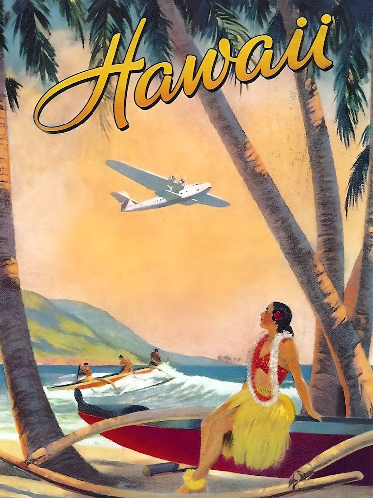 Hawaii, Airplane Arrival, Hula Girl On The Coast