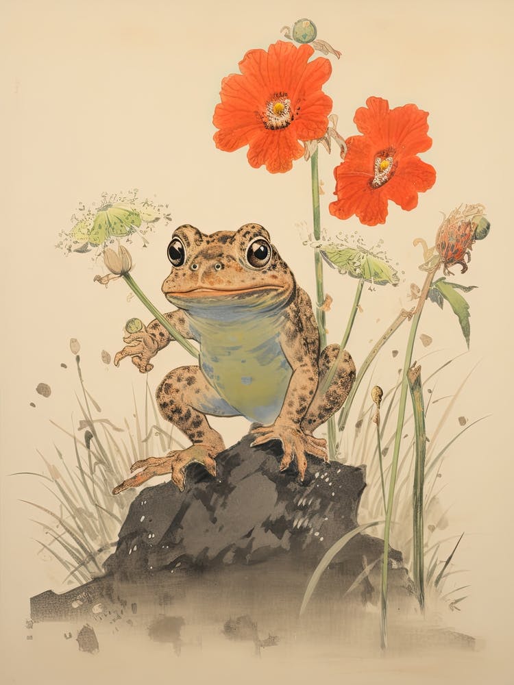 Frog And Flowers, Matsumoto Hoji Inspired Japanese Woodblock 2