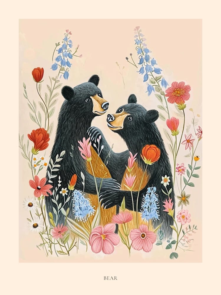 Folksy Floral Animal Drawing Bear 3 Poster
