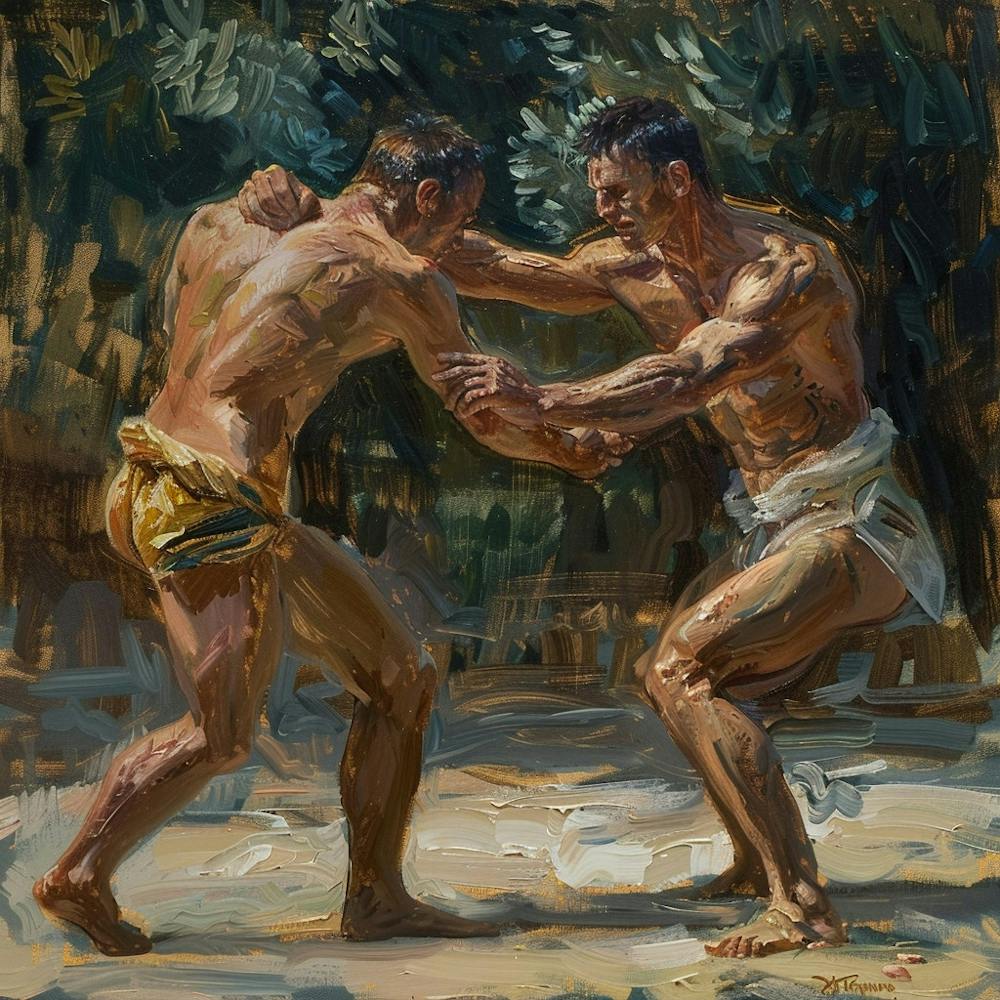 A Greco Roman Wrestling Oil Painting