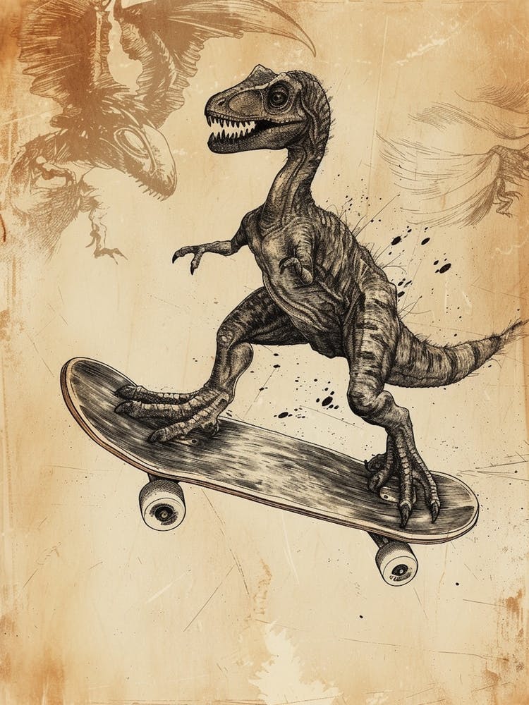 Vintage Deinonychus Dinosaur On A Skateboard   3