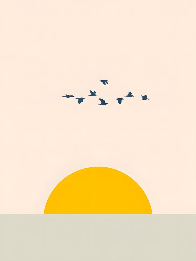 Minimalist Sun and Birds - Serene Landscape