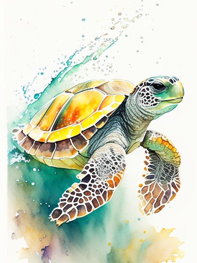 Hawksbill Sea Turtle (Eretmochelys Imbricata), Sea Turtle Storybook Watercolours 1