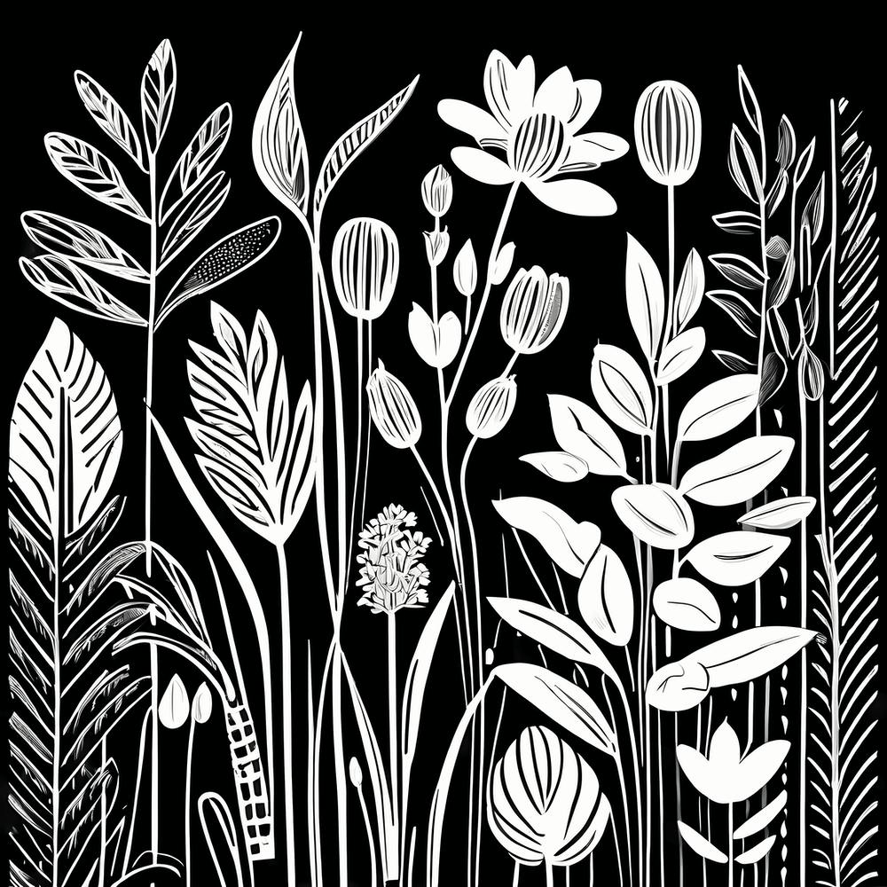Art de plantes et fleurs de jardin noir et blanc inspiré de la coupe lion, Art de jardinage, Jardin 204