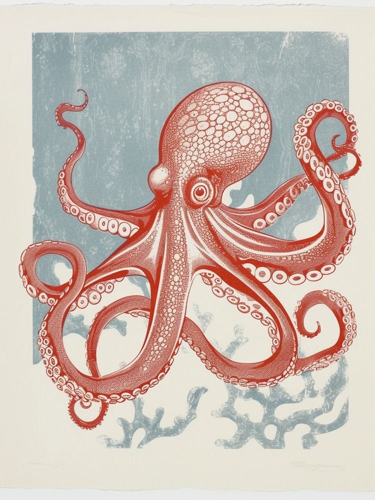 Linogravure inspirée du poulpe bleu craie 2