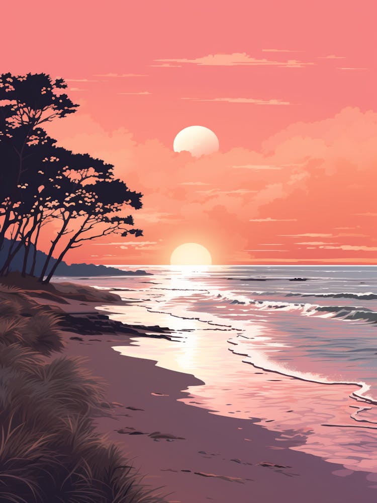 Illustration Of Hammonasset Beach Connecticut In Pink Tones 1