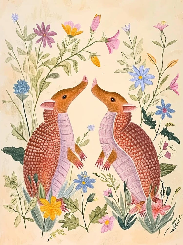 Folksy Floral Animal Drawing Armadillo