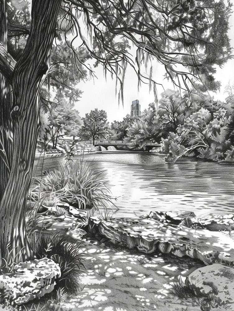 Hamilton Pool Preserve Austin Texas Black And White Drawing 1