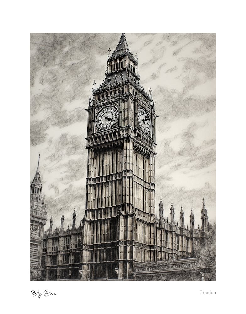 Big Ben London Pencil Sketch 1 Watercolour Travel Poster