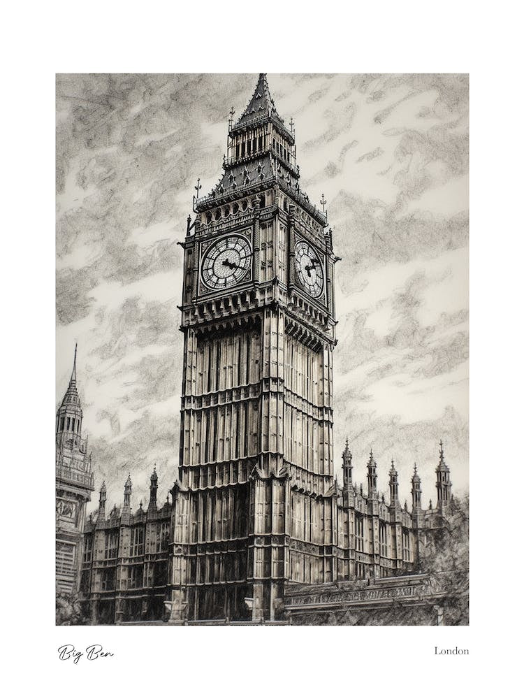 Big Ben London Pencil Sketch 1 Watercolour Travel Poster