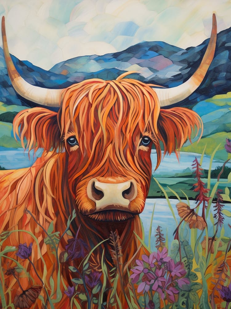 Illustration Of Highland Cow With Wildflowers 3