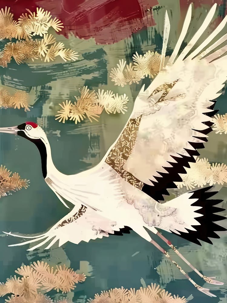 White Cranes Painting Gold Blue Effect Collage 2