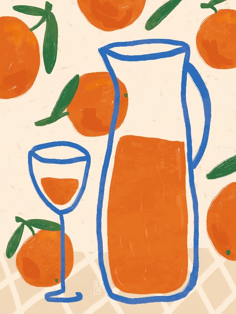 Orange juice breakfast poster, Abstract retro print, Fun kitchen decor