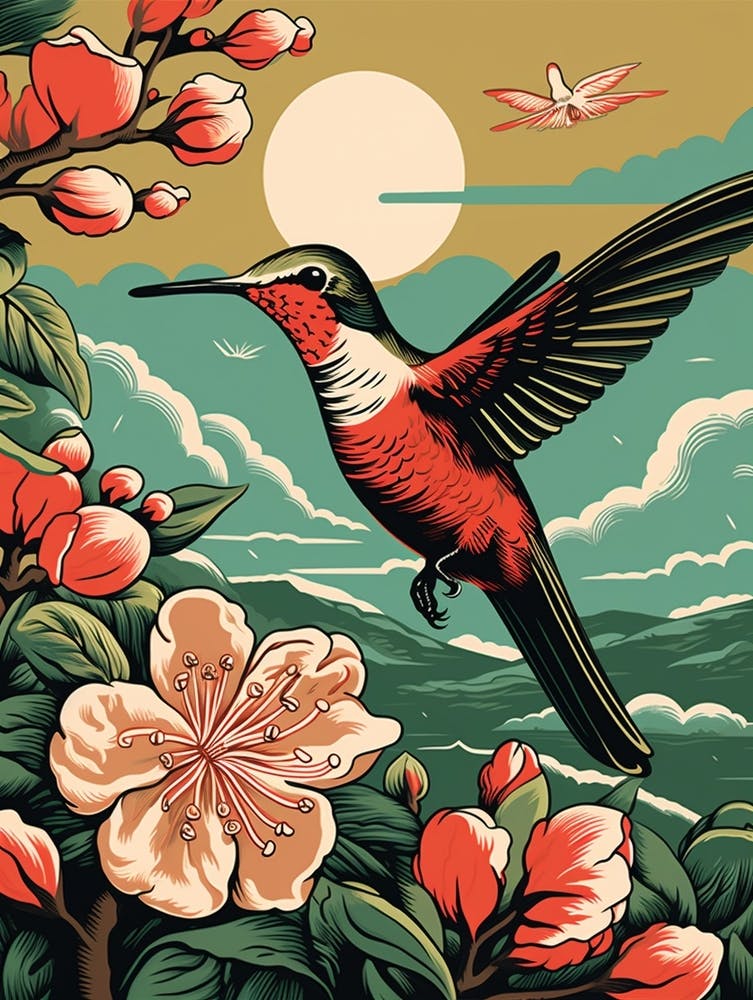 Vintage Vogel Linolschnitt Kolibri 2