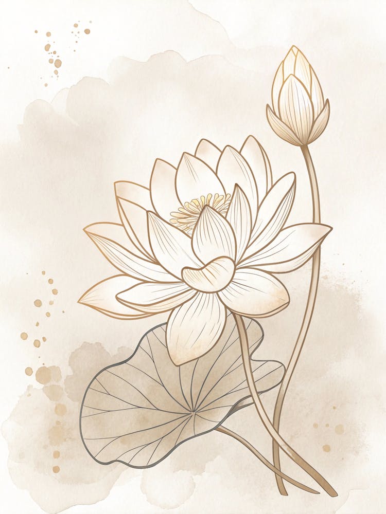 Oil Painting Style Minimal Line Art Of Lotus Flower