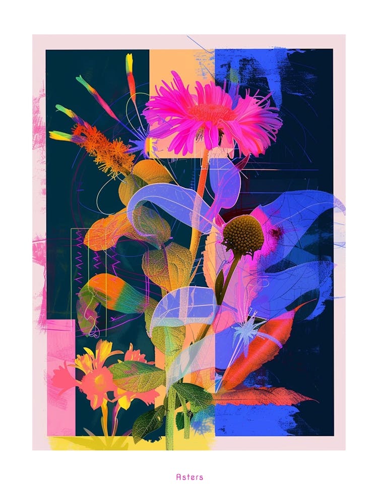 Asters 1 Neon Flower Collage Poster