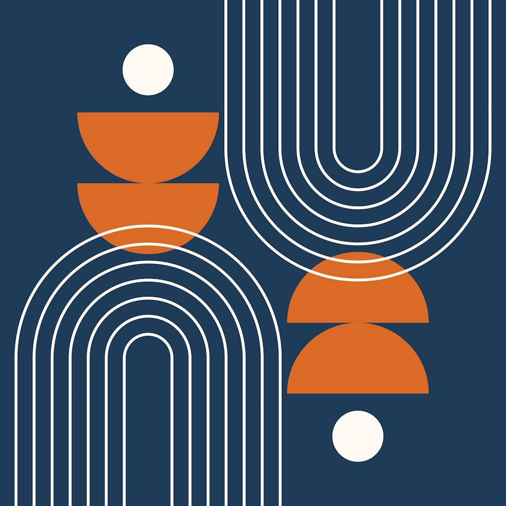 Modern Mid Century Sun, Moon Phases and Rainbow Abstract 27 in Navy Blue and Burnt Orange