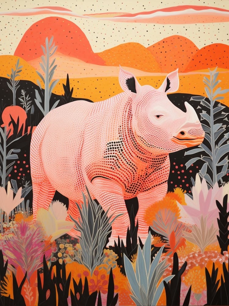 Abstract Rhino In The Nature Linocut Inspired 1