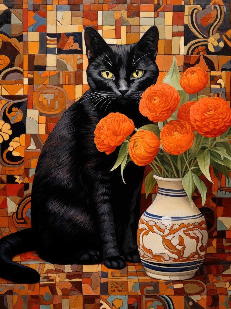 Black Cat With Orange Flowers 3